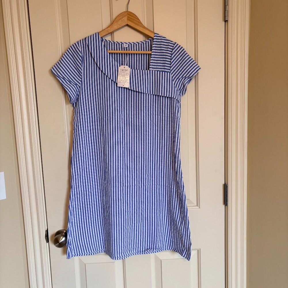 NWT Made With Love Striped Dress Blue & White Asymmetric Neck Size Medium